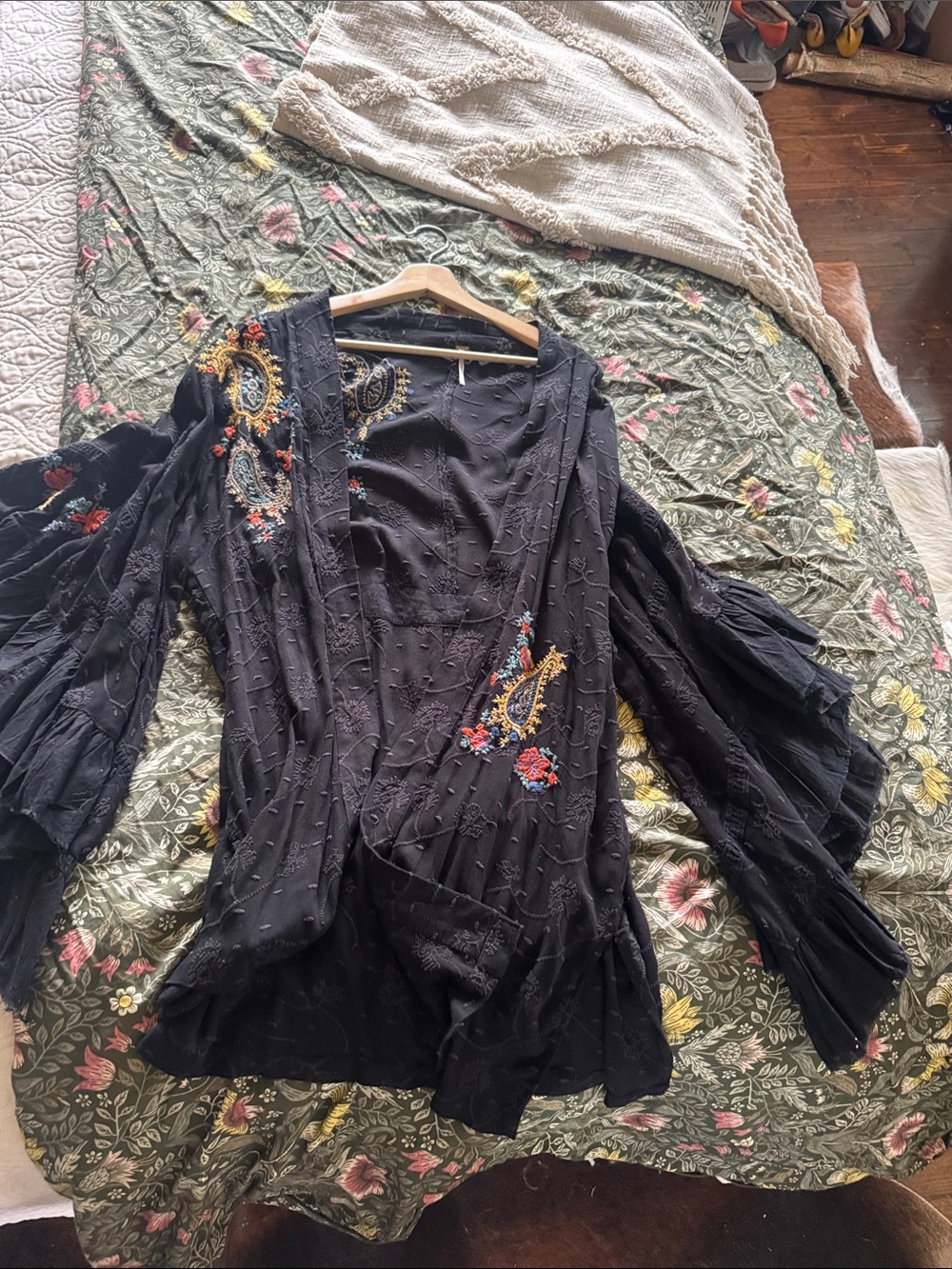 Free People Black Embroidered Boho Wrap Jacket